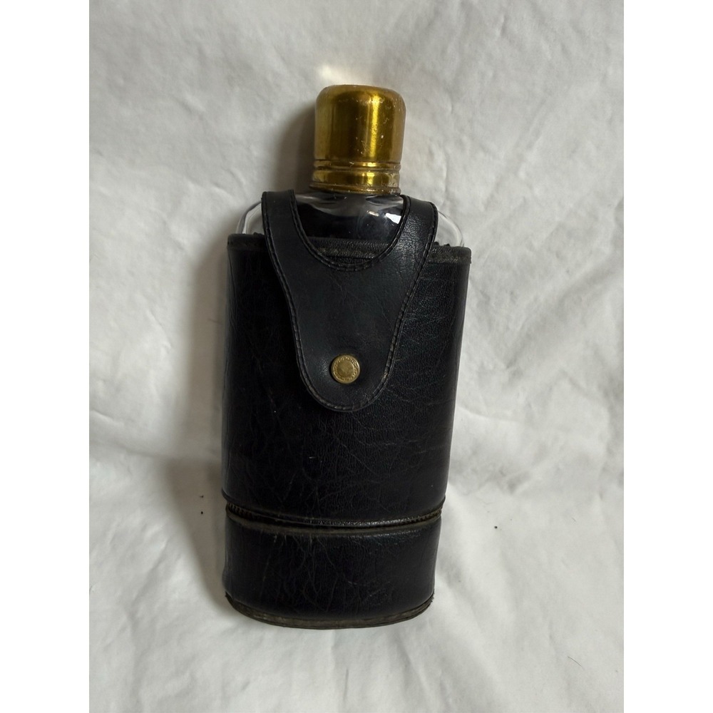 Vintage Glass Travel Flask Leather Case Zippered Shot Glass Storage 1950s Clear